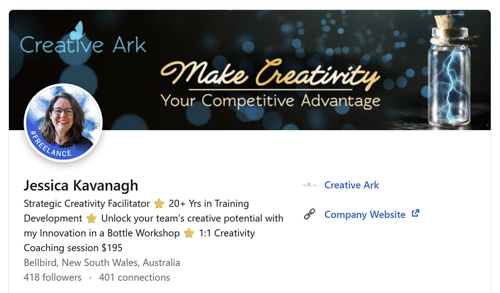 Jessica Kavanagh's LinkedIn Profile with a banner that says "Make Creativity Your Competitive Advantage."