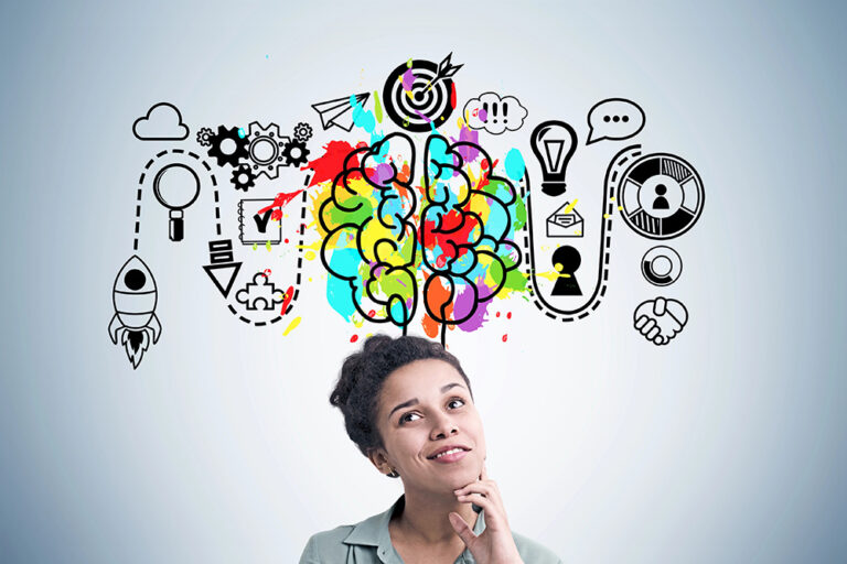 A woman thinking. Behind her is a drawing of a brain with ideas and thoughts swirling around.