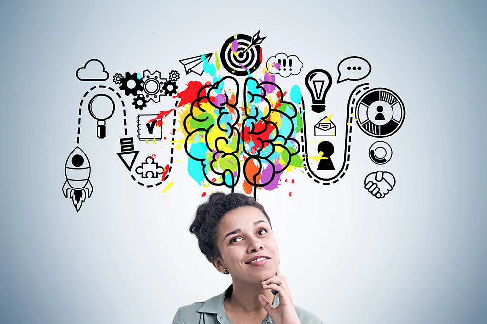 A woman thinking. Behind her is a drawing of a brain with ideas and thoughts swirling around.